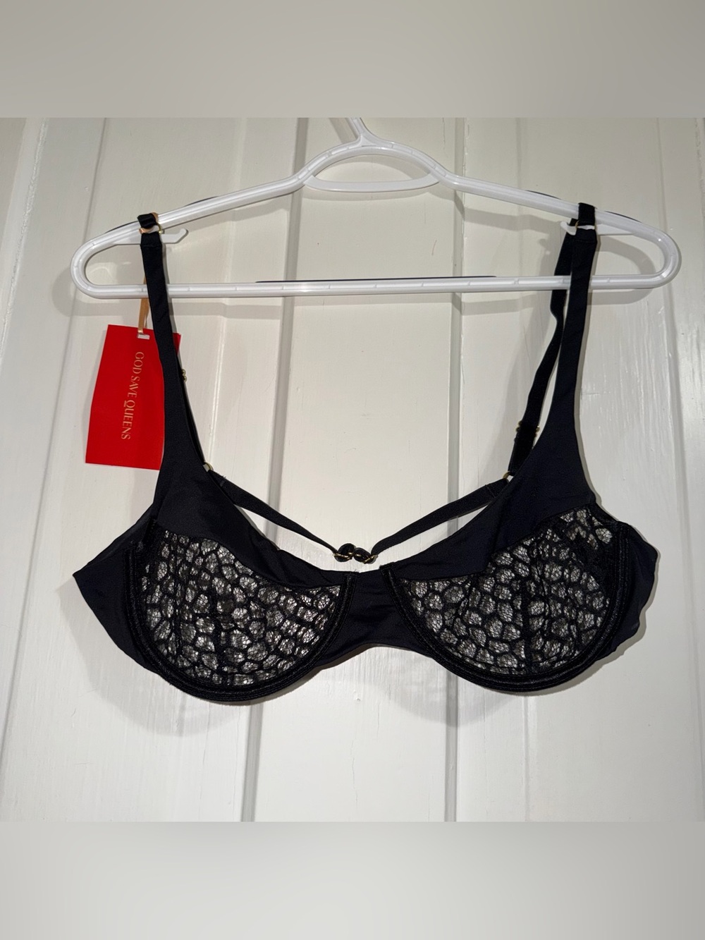 NWT God Save Queens women's size large Black Lace Underwire Bra MSRP $179